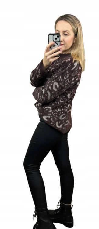 Miękki wzorzysty sweterek oversize luźny panterka cętki wiskoza wełna