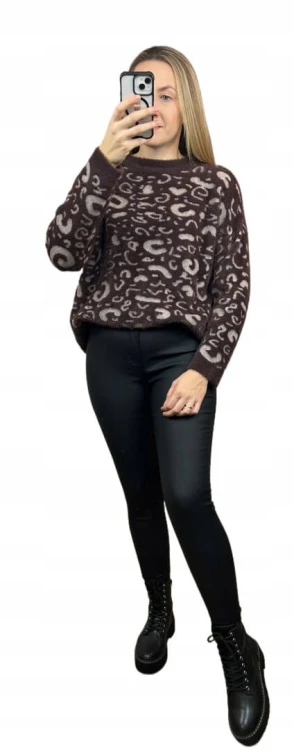 Miękki wzorzysty sweterek oversize luźny panterka cętki wiskoza wełna