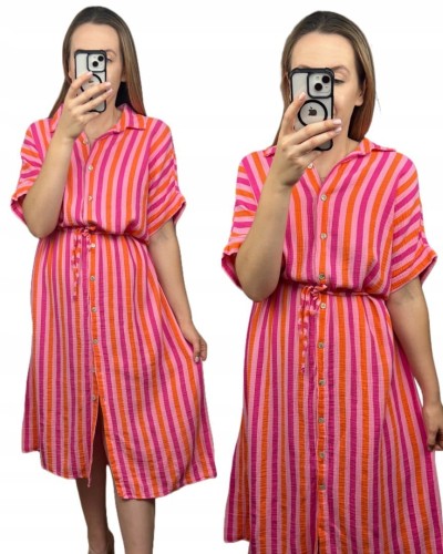 Muślinowa sukienka midi dłuższa szmizjerka koszulowa oversize guziki paski