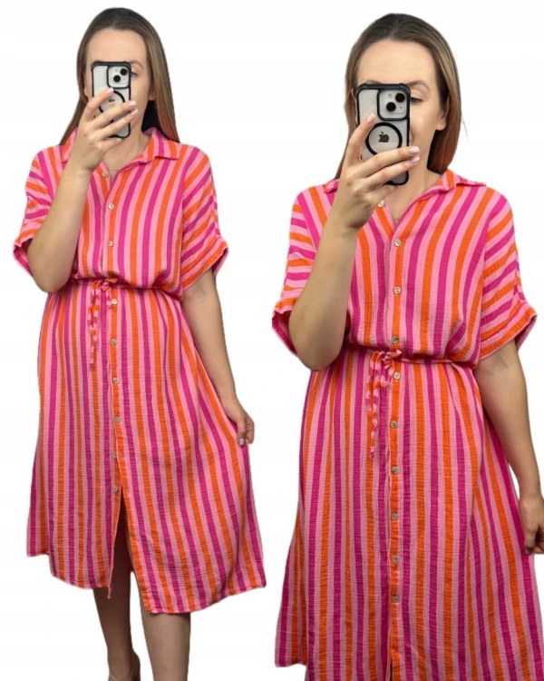 Muślinowa sukienka midi dłuższa szmizjerka koszulowa oversize guziki paski