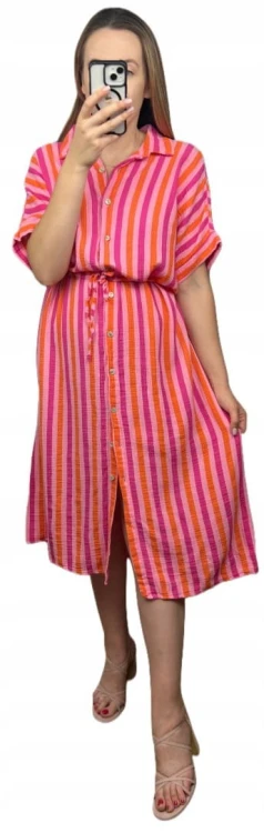 Muślinowa sukienka midi dłuższa szmizjerka koszulowa oversize guziki paski