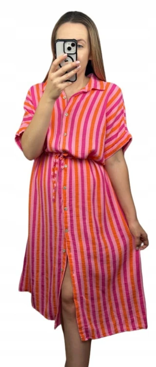 Muślinowa sukienka midi dłuższa szmizjerka koszulowa oversize guziki paski