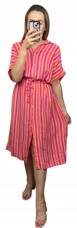 Muślinowa sukienka midi dłuższa szmizjerka koszulowa oversize guziki paski