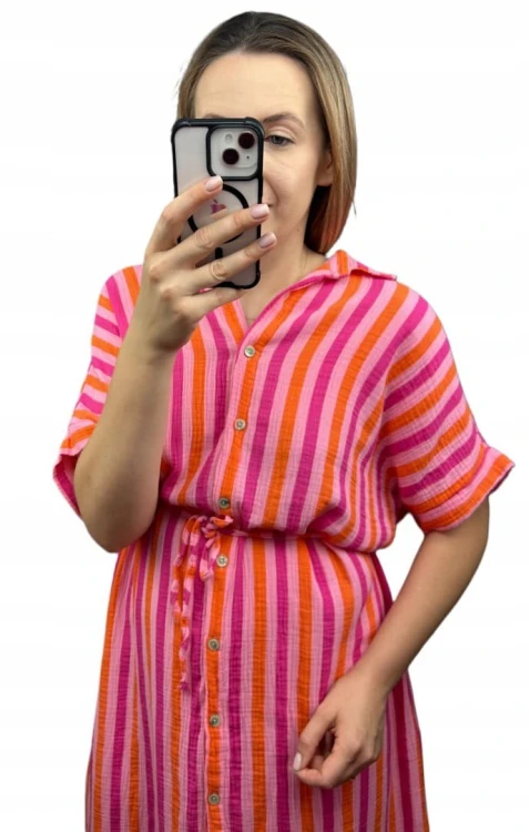 Muślinowa sukienka midi dłuższa szmizjerka koszulowa oversize guziki paski