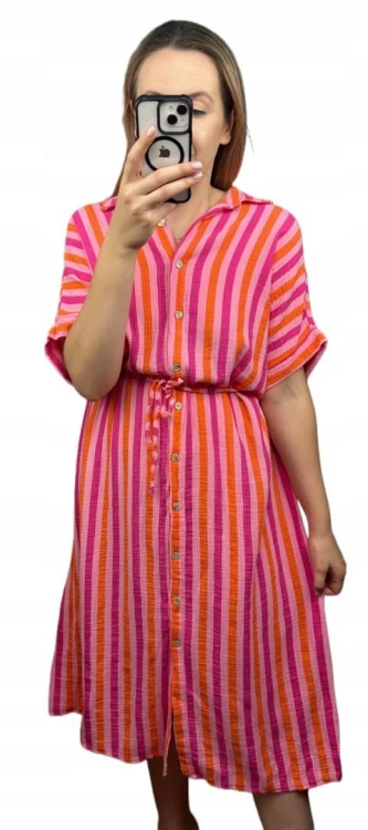 Muślinowa sukienka midi dłuższa szmizjerka koszulowa oversize guziki paski