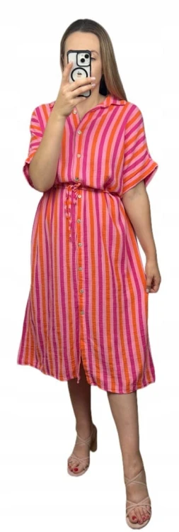 Muślinowa sukienka midi dłuższa szmizjerka koszulowa oversize guziki paski