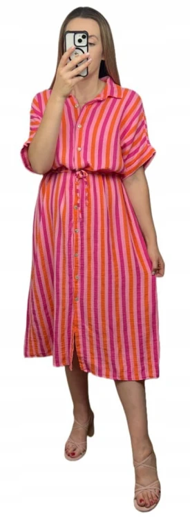 Muślinowa sukienka midi dłuższa szmizjerka koszulowa oversize guziki paski