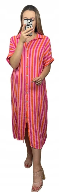 Muślinowa sukienka midi dłuższa szmizjerka koszulowa oversize guziki paski