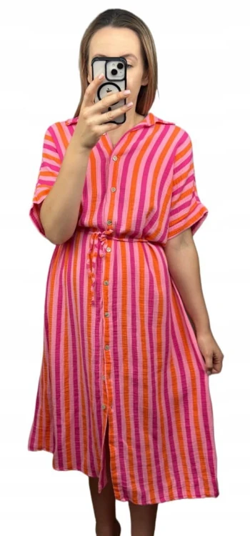 Muślinowa sukienka midi dłuższa szmizjerka koszulowa oversize guziki paski