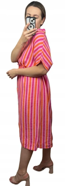 Muślinowa sukienka midi dłuższa szmizjerka koszulowa oversize guziki paski