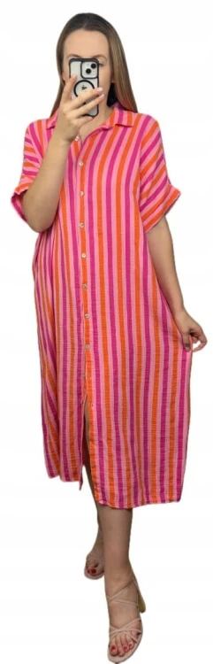 Muślinowa sukienka midi dłuższa szmizjerka koszulowa oversize guziki paski