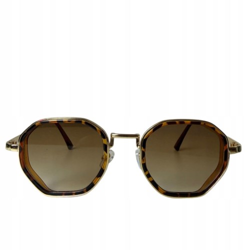 Okulary przeciwsłoneczne geometryczne brązowe panterka metalowa oprawa