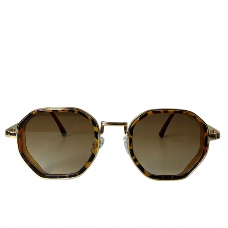 Okulary przeciwsłoneczne geometryczne brązowe panterka metalowa oprawa