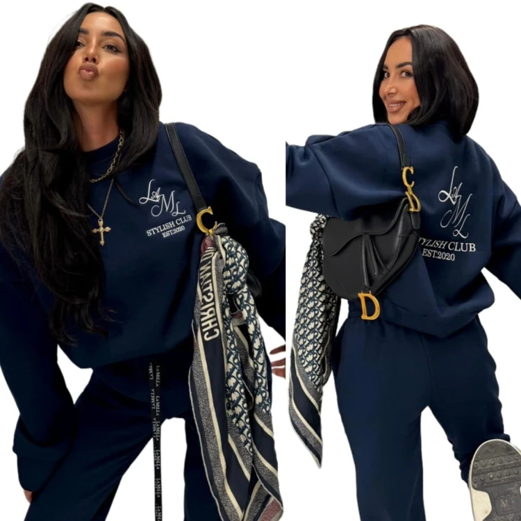 Oversize bluza bawełniana ocieplana haft granatowa bawełna La Milla- STYLISH CLUB