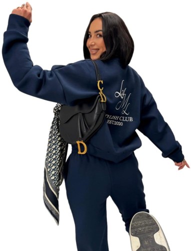 Oversize bluza bawełniana ocieplana haft granatowa bawełna La Milla- STYLISH CLUB