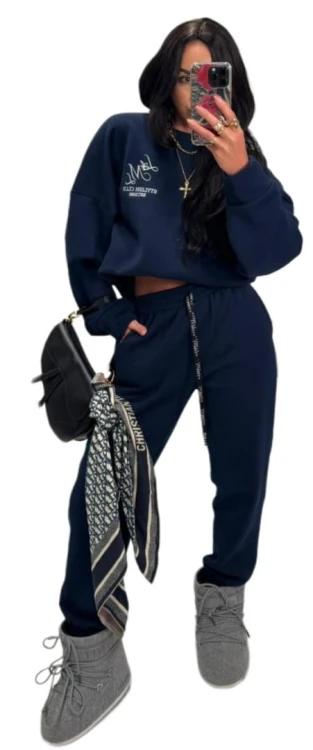 Oversize bluza bawełniana ocieplana haft granatowa bawełna La Milla- STYLISH CLUB