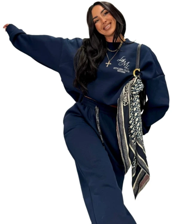 Oversize bluza bawełniana ocieplana haft granatowa bawełna La Milla- STYLISH CLUB