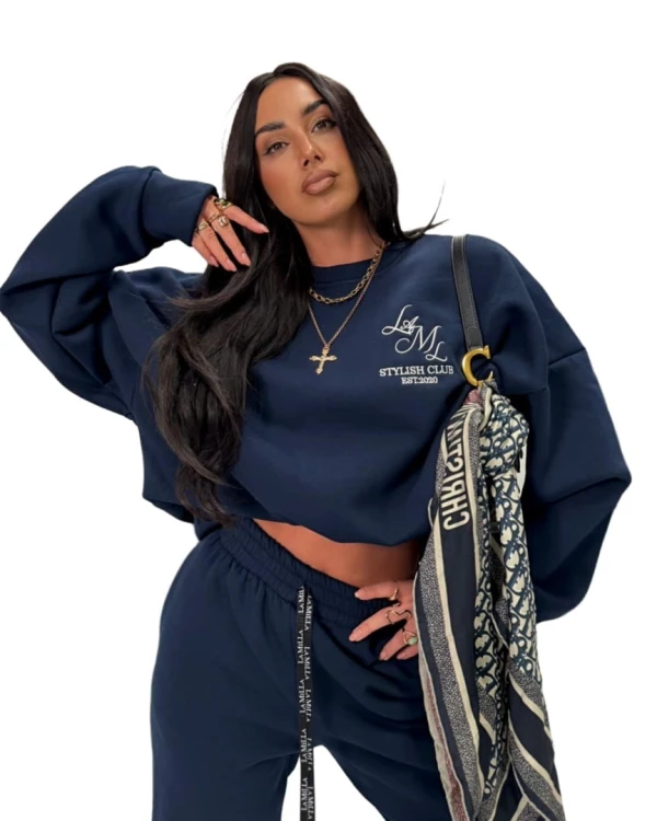 Oversize bluza bawełniana ocieplana haft granatowa bawełna La Milla- STYLISH CLUB