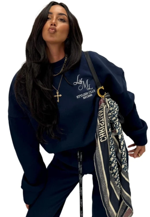 Oversize bluza bawełniana ocieplana haft granatowa bawełna La Milla- STYLISH CLUB