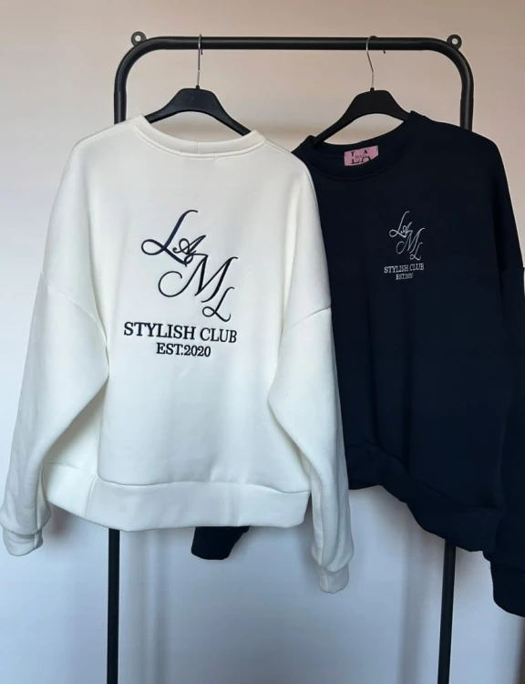 Oversize bluza bawełniana ocieplana haft granatowa bawełna La Milla- STYLISH CLUB