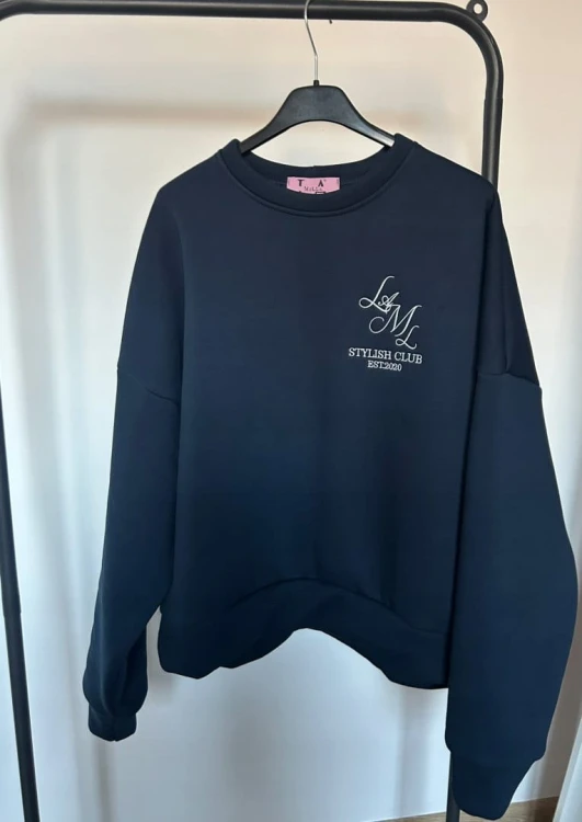Oversize bluza bawełniana ocieplana haft granatowa bawełna La Milla- STYLISH CLUB