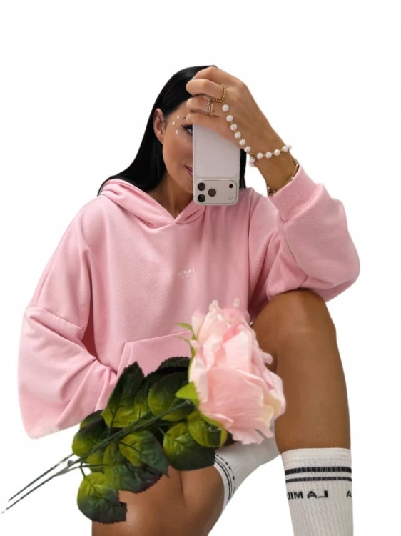 Różowa cukierkowa bluza oversize bawełniana luźna kangurka La Milla