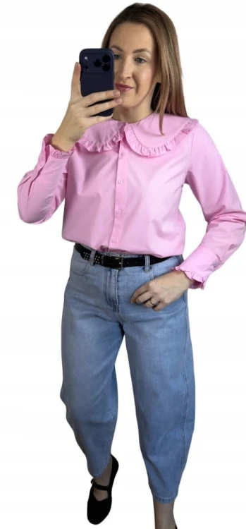 Różowa koszula bawełniana z kołnierzem falbanką L