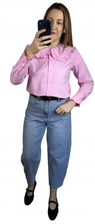 Różowa koszula bawełniana z kołnierzem falbanką L