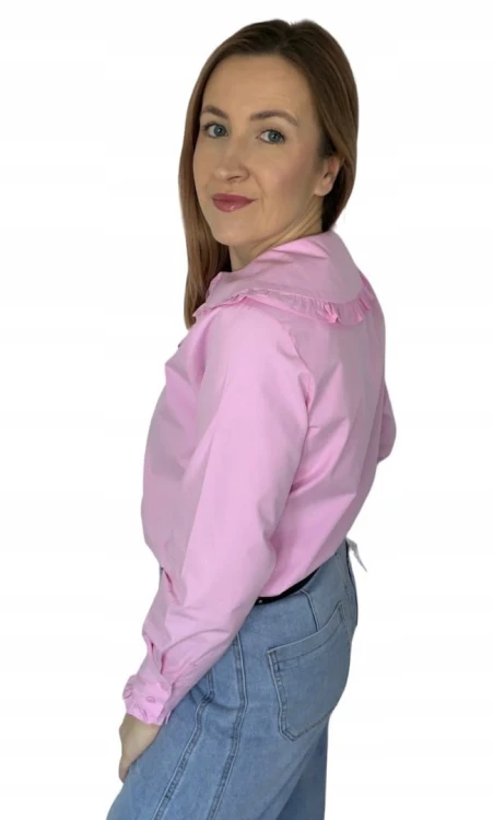 Różowa koszula bawełniana z kołnierzem falbanką L