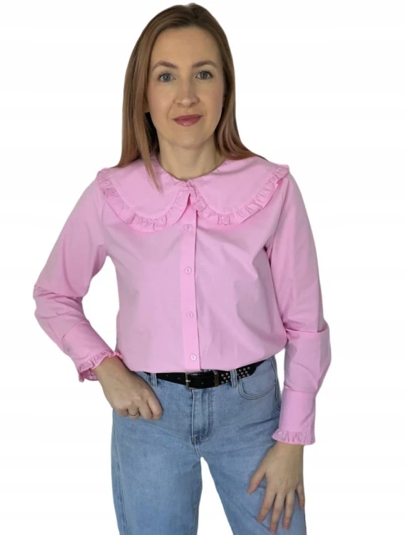 Różowa koszula bawełniana z kołnierzem falbanką L