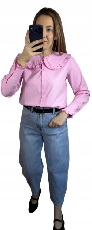 Różowa koszula bawełniana z kołnierzem falbanką M