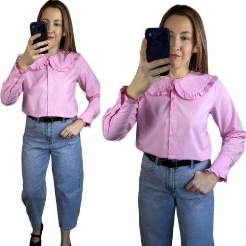 Różowa koszula bawełniana z kołnierzem falbanką S