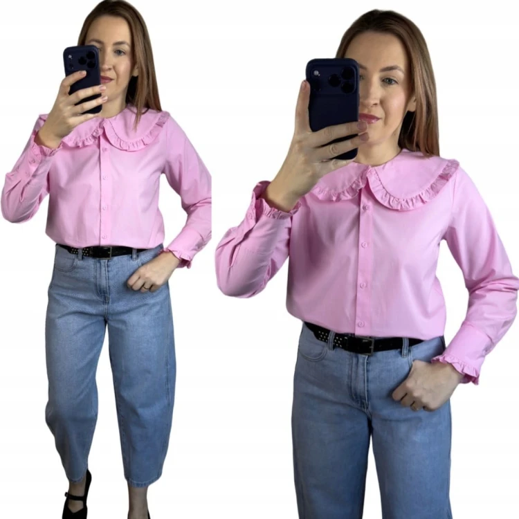 Różowa koszula bawełniana z kołnierzem falbanką S