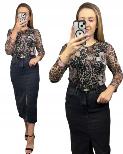 Siateczkowe body w kwiaty panterkę z podszewką długie rękawy BODY MESH