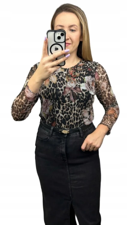 Siateczkowe body w kwiaty panterkę z podszewką długie rękawy BODY MESH