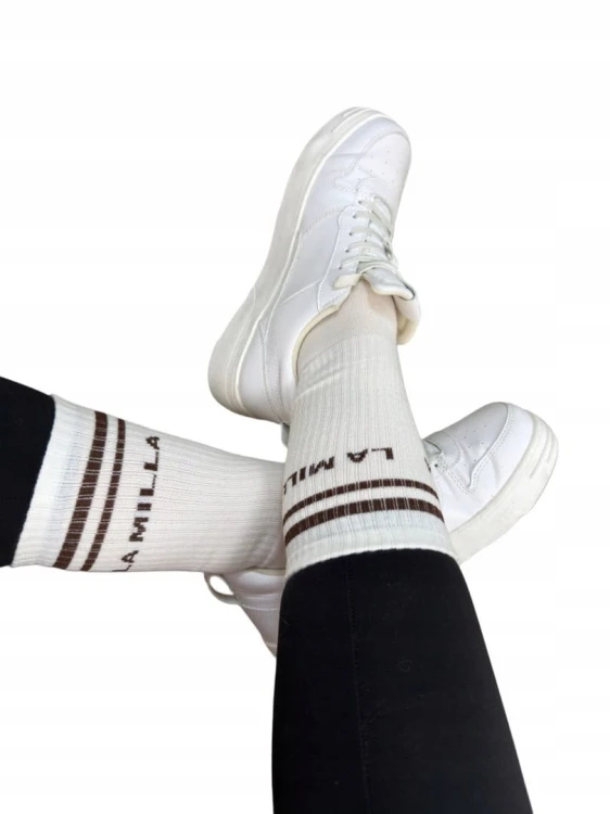 Skarpety białe brązowe logo LAMILLA bawełniane dłuższe La Milla