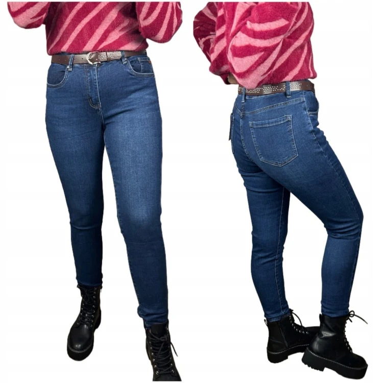 Spodnie jeans damskie boyfriend granatowe pasek wysoki stan M.Sara XS