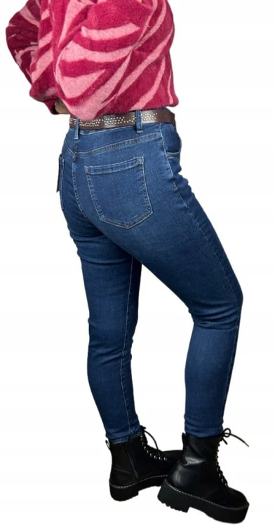 Spodnie jeans damskie boyfriend granatowe pasek wysoki stan M.Sara XS