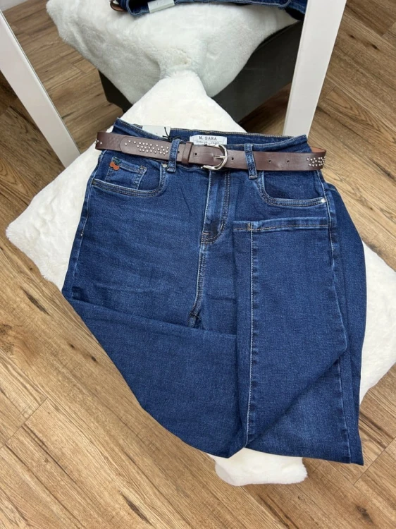 Spodnie jeans damskie boyfriend granatowe pasek wysoki stan M.Sara XS