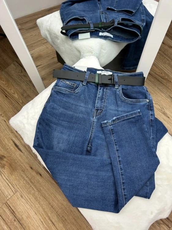 Spodnie jeans damskie boyfriend niebieskie pasek wysoki stan M.Sara XS