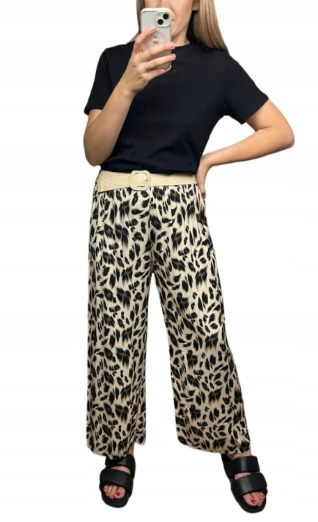 Spodnie szeroka nogawka wiskozowe wiskoza cętki panterka pasek S M L