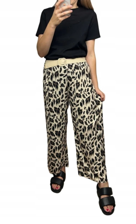 Spodnie szeroka nogawka wiskozowe wiskoza cętki panterka pasek S M L