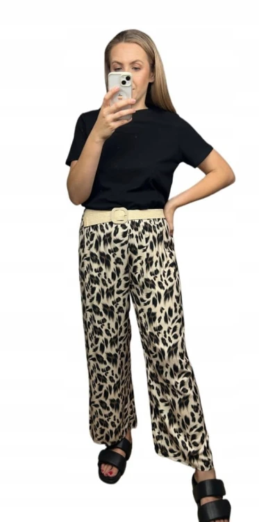 Spodnie szeroka nogawka wiskozowe wiskoza cętki panterka pasek S M L