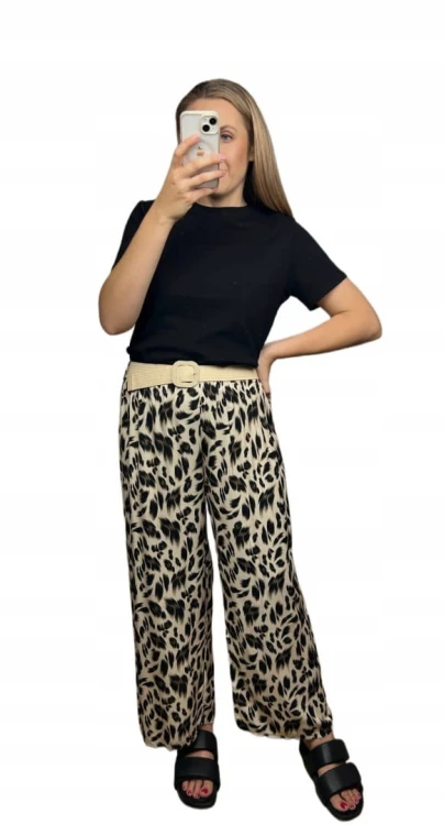 Spodnie szeroka nogawka wiskozowe wiskoza cętki panterka pasek S M L