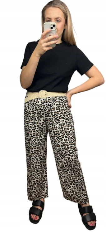 Spodnie szeroka nogawka wiskozowe wiskoza cętki panterka pasek S M L