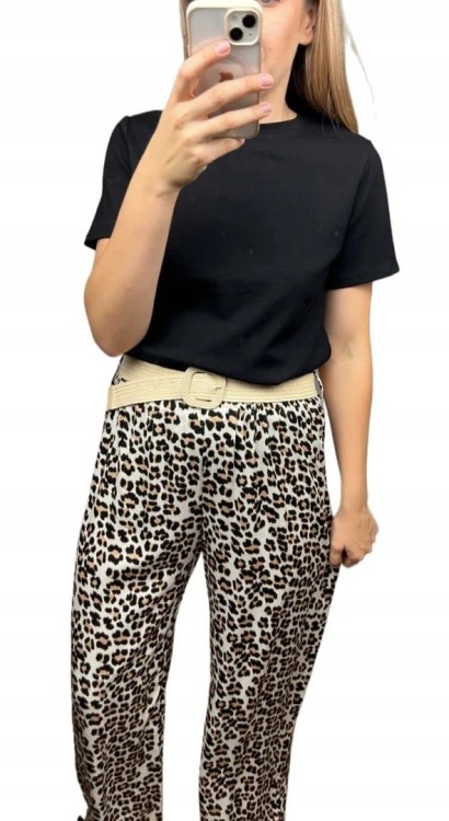 Spodnie szeroka nogawka wiskozowe wiskoza cętki panterka pasek S M L