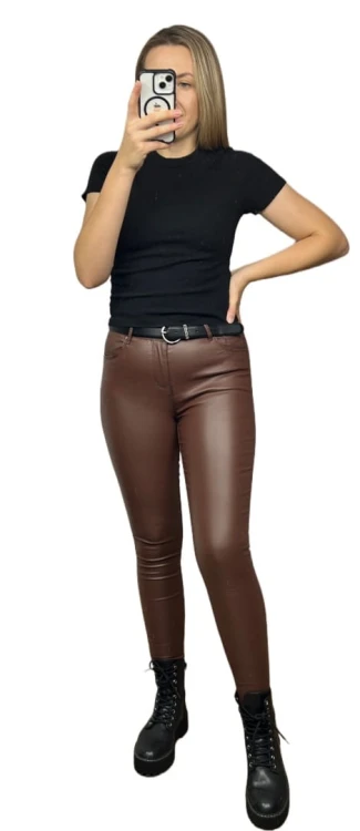 Spodnie woskowane skinny wysoki stan dopasowane jesień brąz Goodies