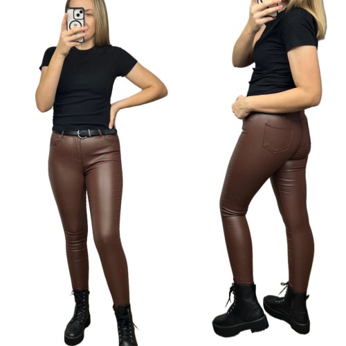 Spodnie woskowane skinny wysoki stan dopasowane jesień brąz Goodies