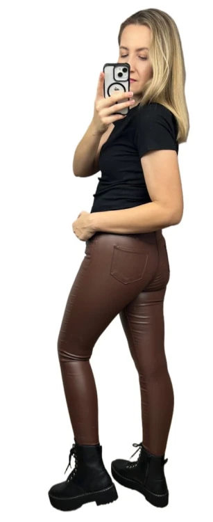 Spodnie woskowane skinny wysoki stan dopasowane jesień brąz Goodies