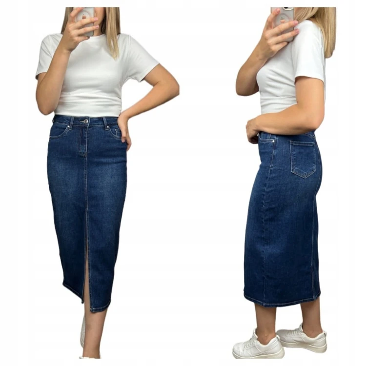 Spódnica jeansowa ciemny jeans rozcięcie ołówkowa midi Goodies S 36